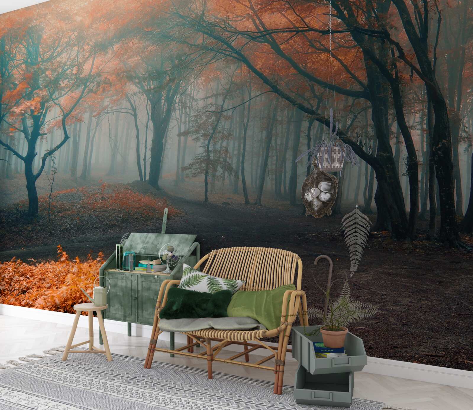 Fotobehang Een pad door een herfstbos gehuld in mist