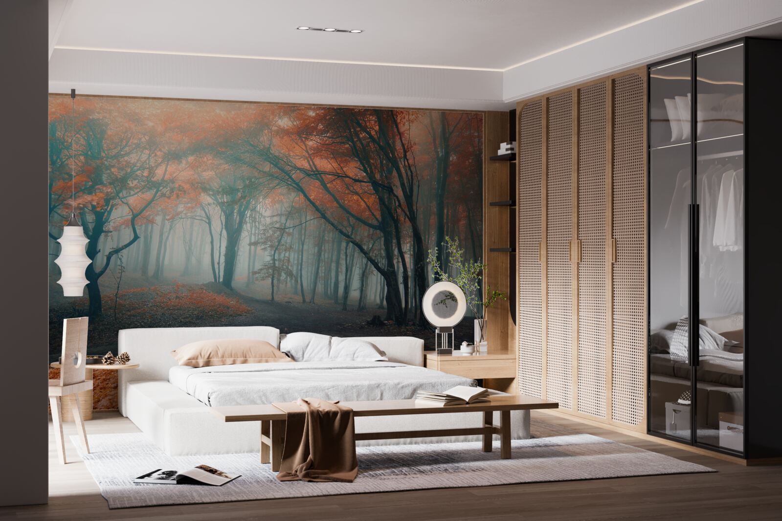 Fotobehang Een pad door een herfstbos gehuld in mist