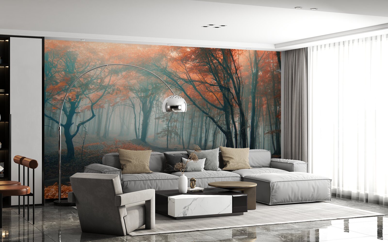 Fotobehang Een pad door een herfstbos gehuld in mist