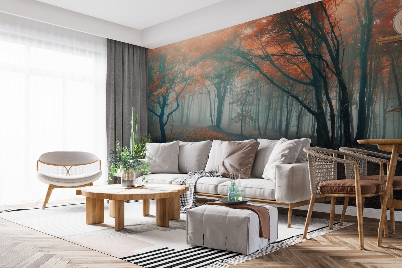 Fotobehang Een pad door een herfstbos gehuld in mist