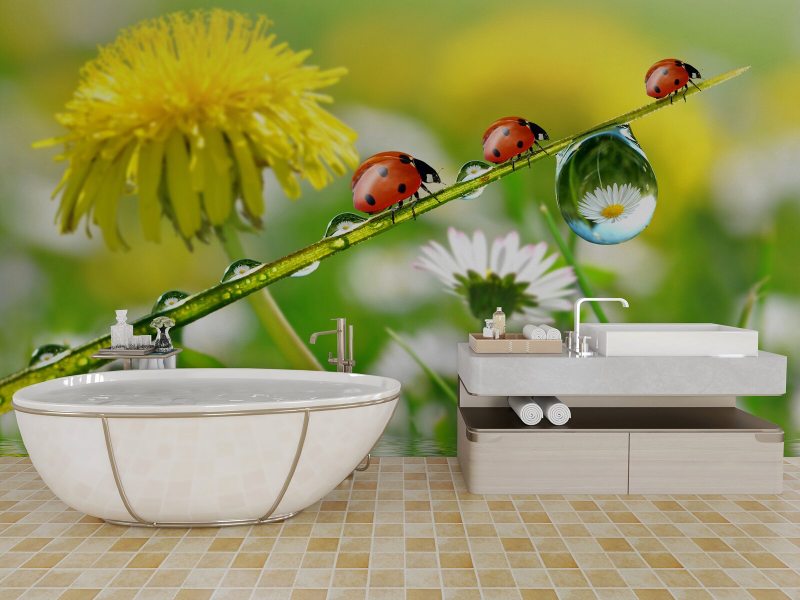 Fotobehang lieveheersbeestje en paardenbloem na een storm