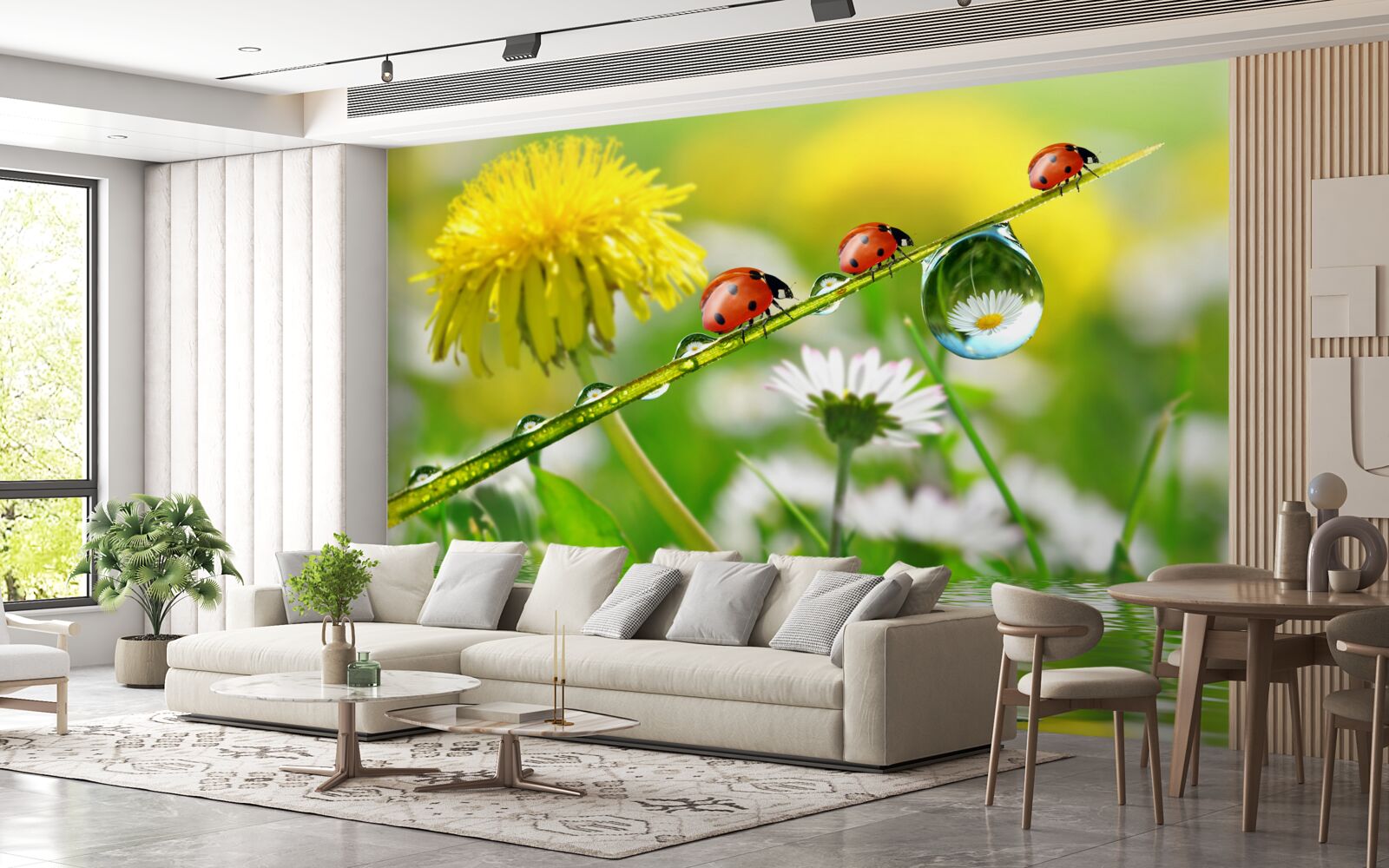 Fotobehang lieveheersbeestje en paardenbloem na een storm