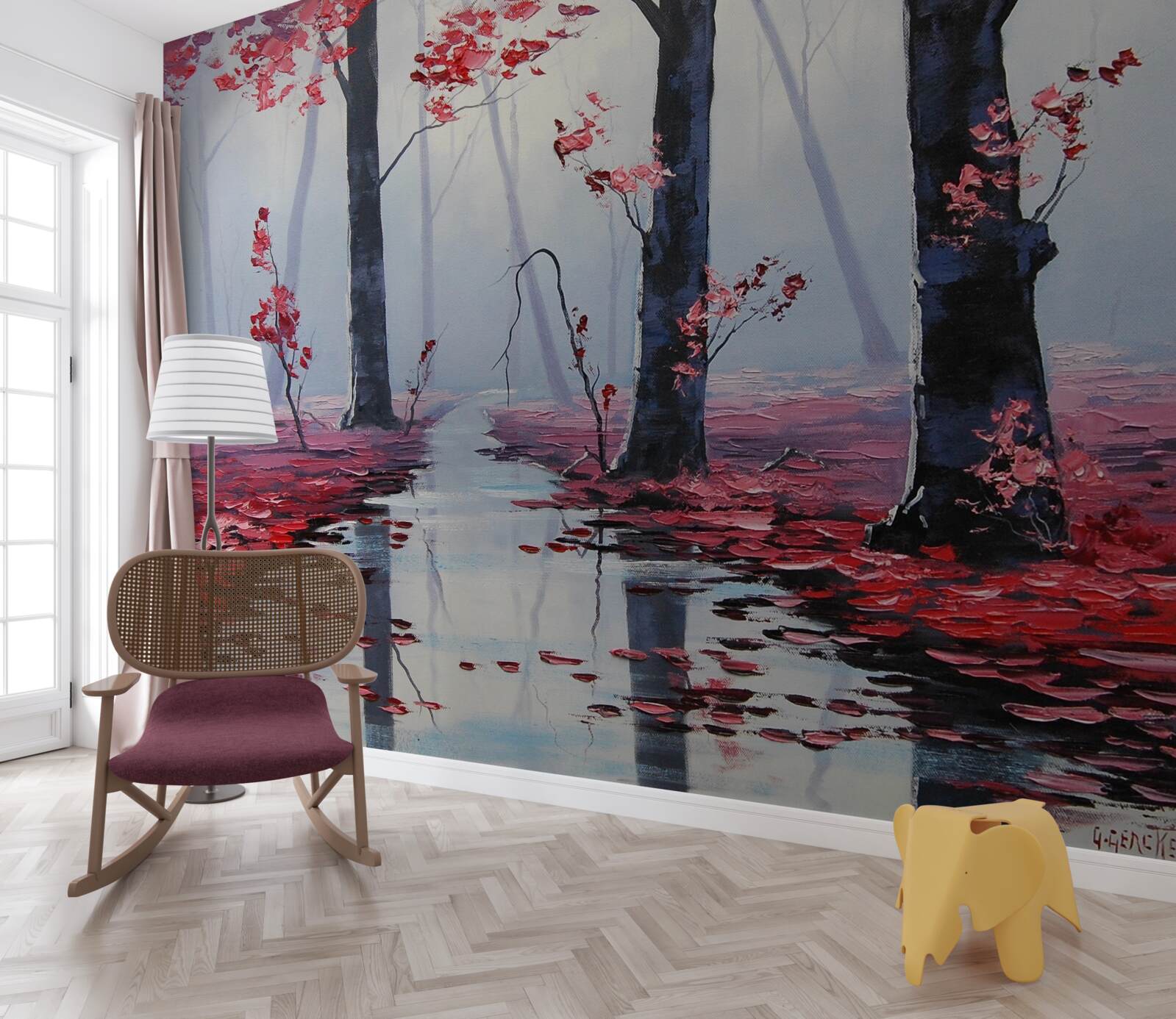 Fotobehang reflectie van herfstbladeren in het water