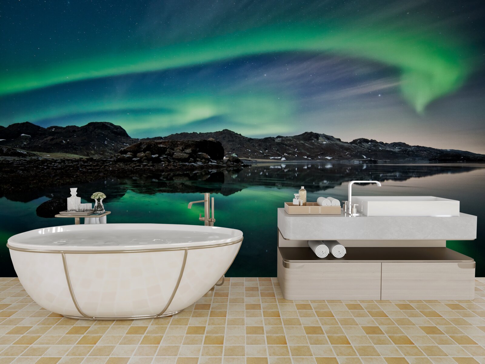 Fotobehang meer in het noorderlicht