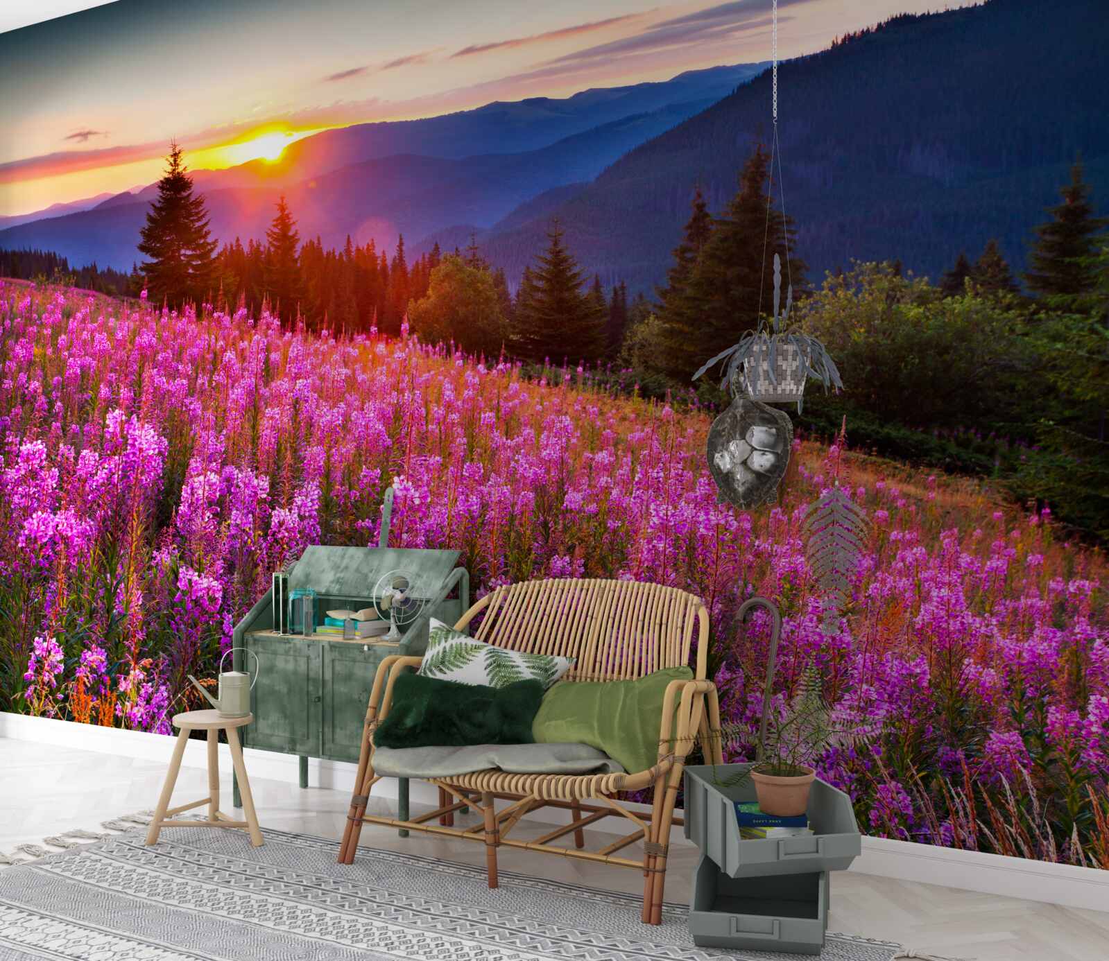 Fotobehang een klooster boven een bloeiende bergweide