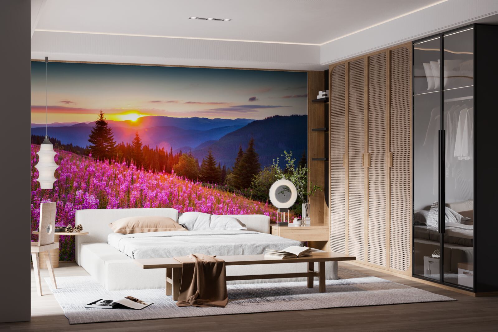 Fotobehang een klooster boven een bloeiende bergweide