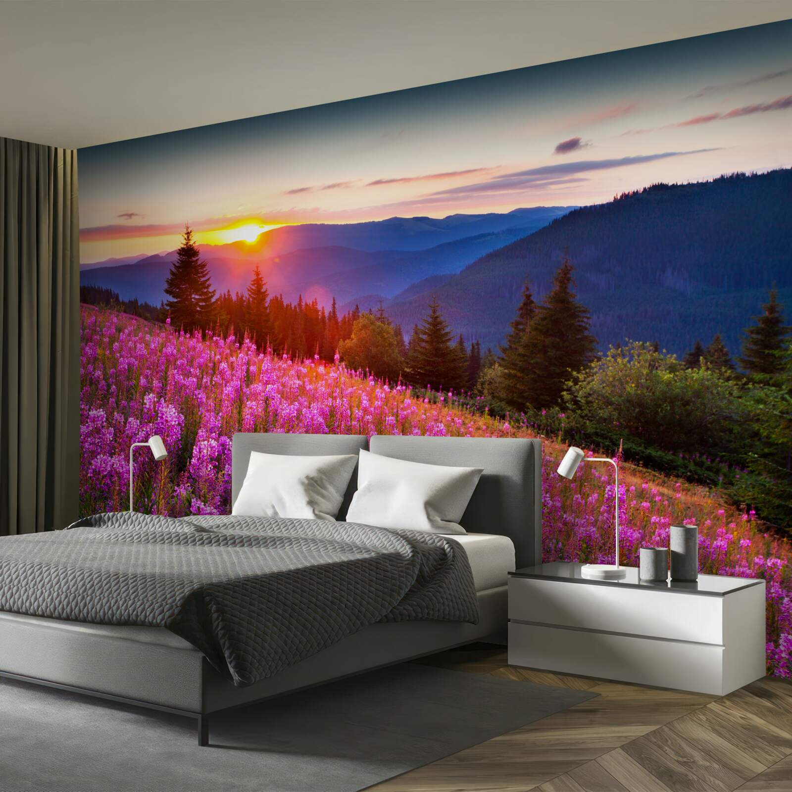 Fotobehang een klooster boven een bloeiende bergweide