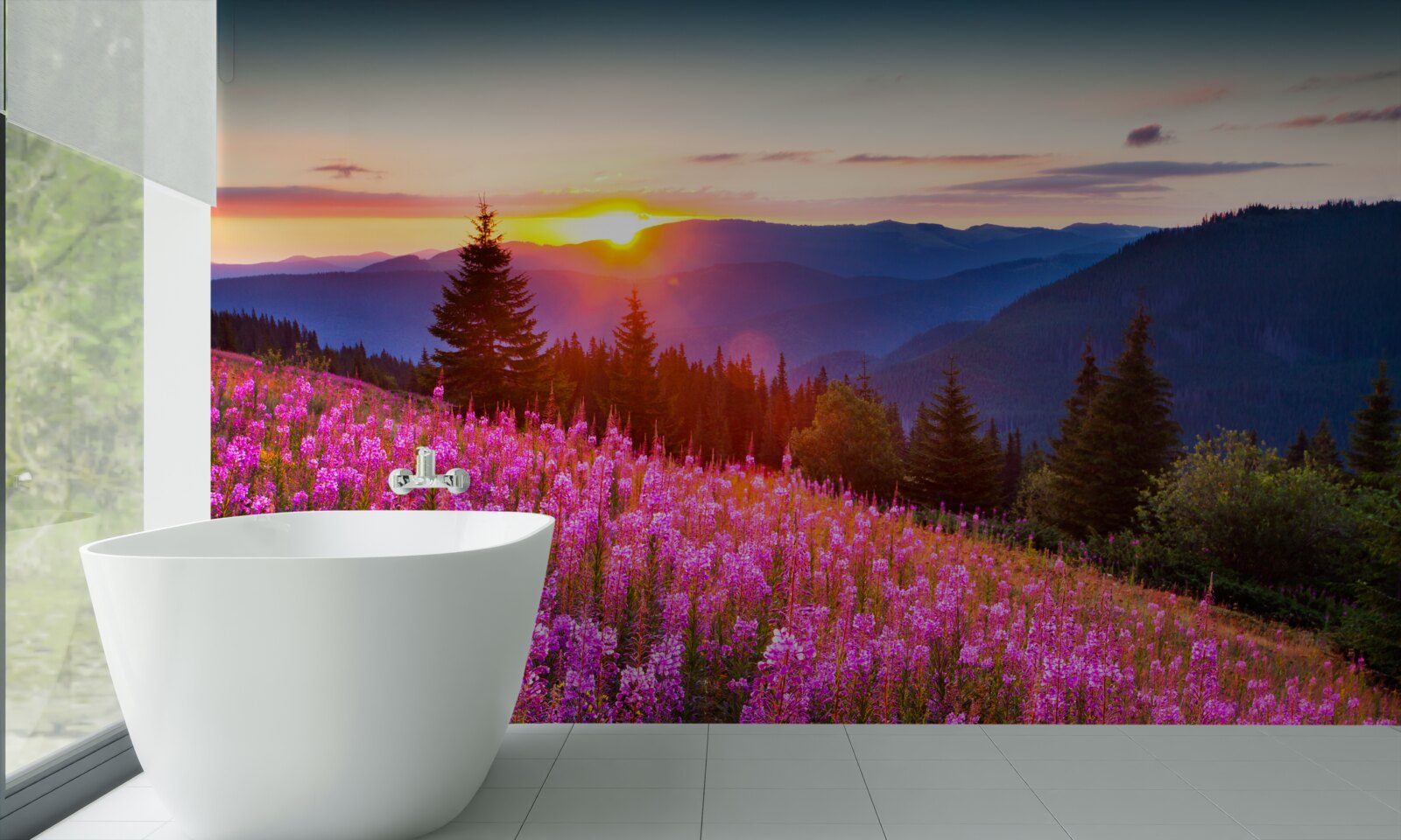 Fotobehang een klooster boven een bloeiende bergweide