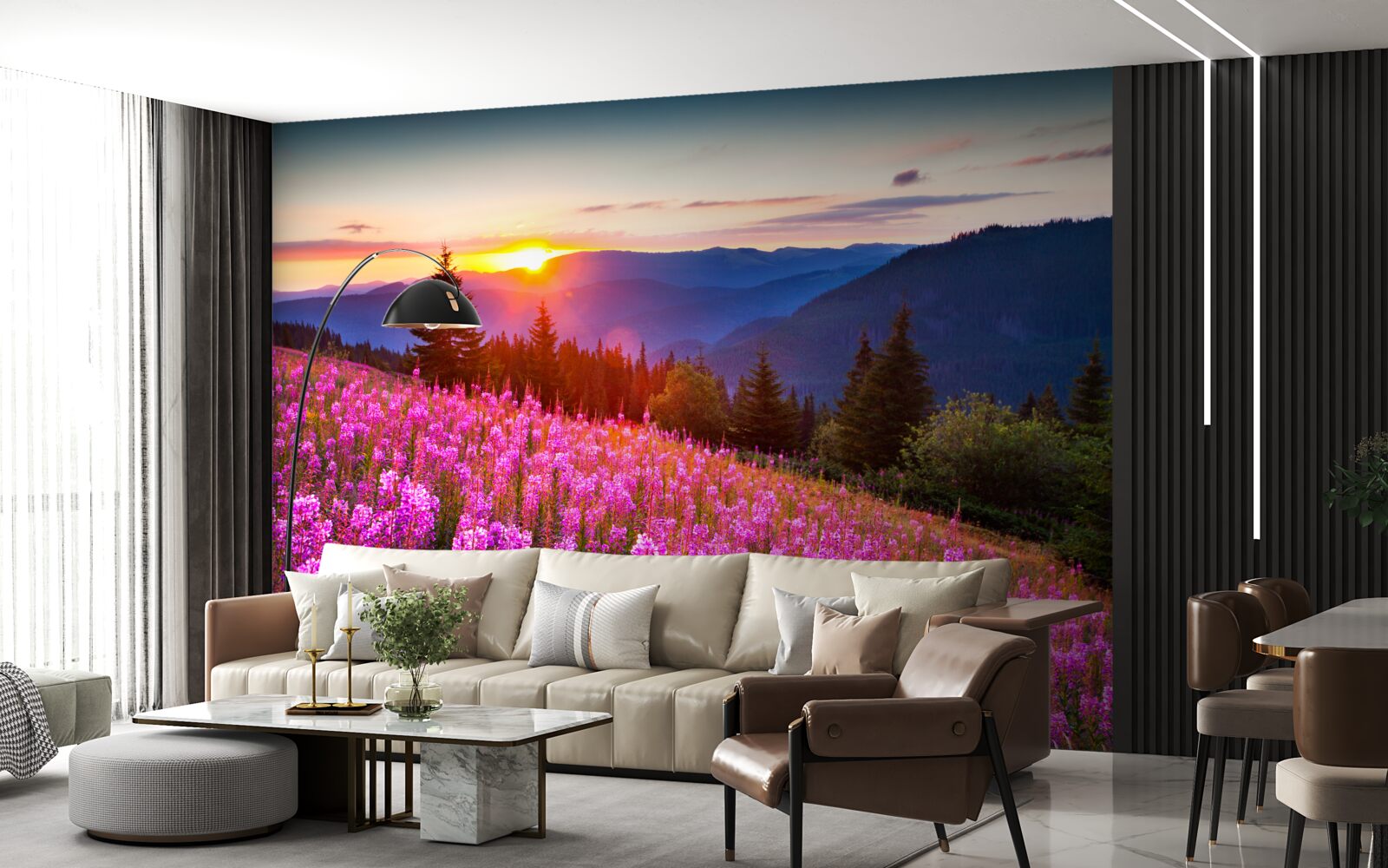 Fotobehang een klooster boven een bloeiende bergweide