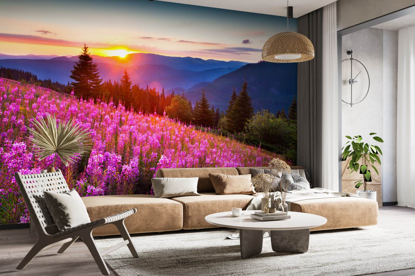 Fotobehang een klooster boven een bloeiende bergweide