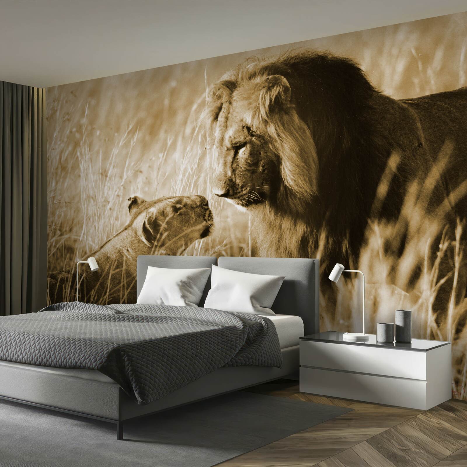 Fotobehang leeuw en leeuwin leren elkaar kennen