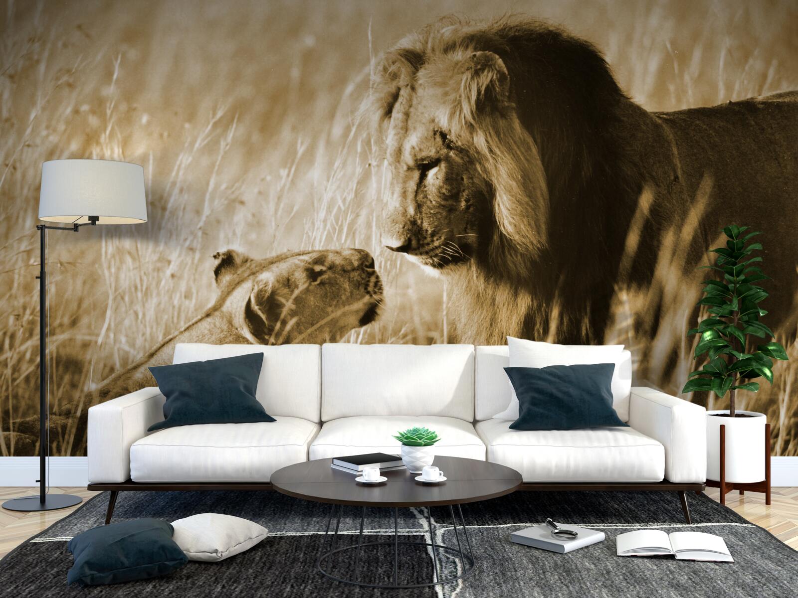 Fotobehang leeuw en leeuwin leren elkaar kennen