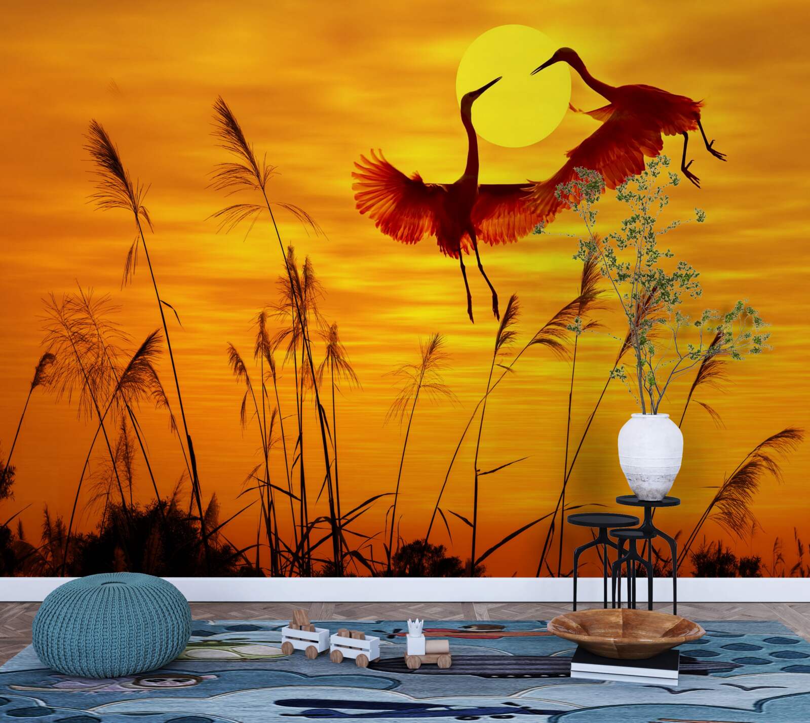 Fotobehang zonsondergang wordt vergezeld door een zwerm kraanvogels