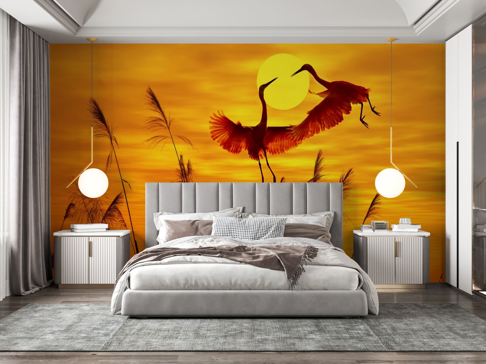 Fotobehang zonsondergang wordt vergezeld door een zwerm kraanvogels