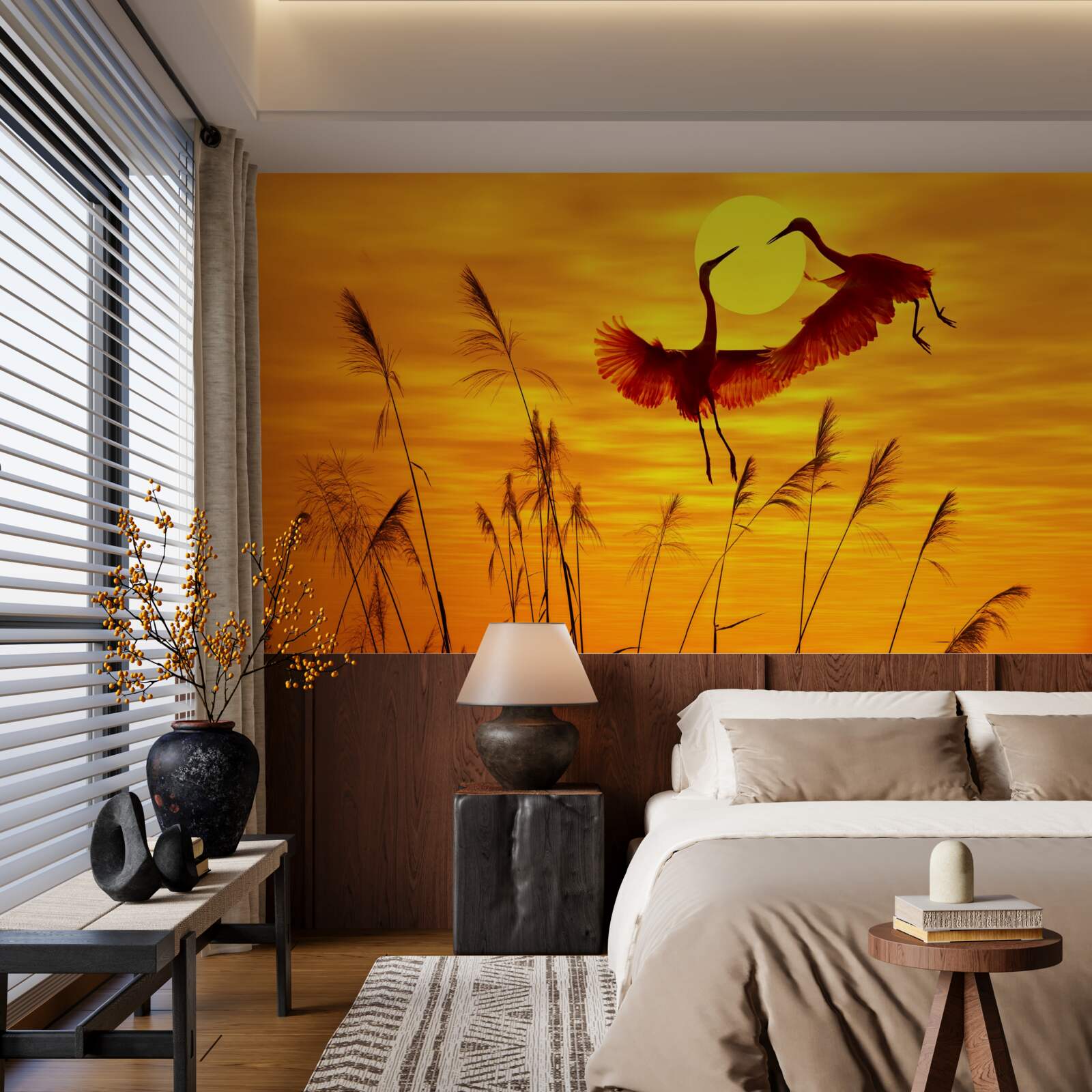 Fotobehang zonsondergang wordt vergezeld door een zwerm kraanvogels