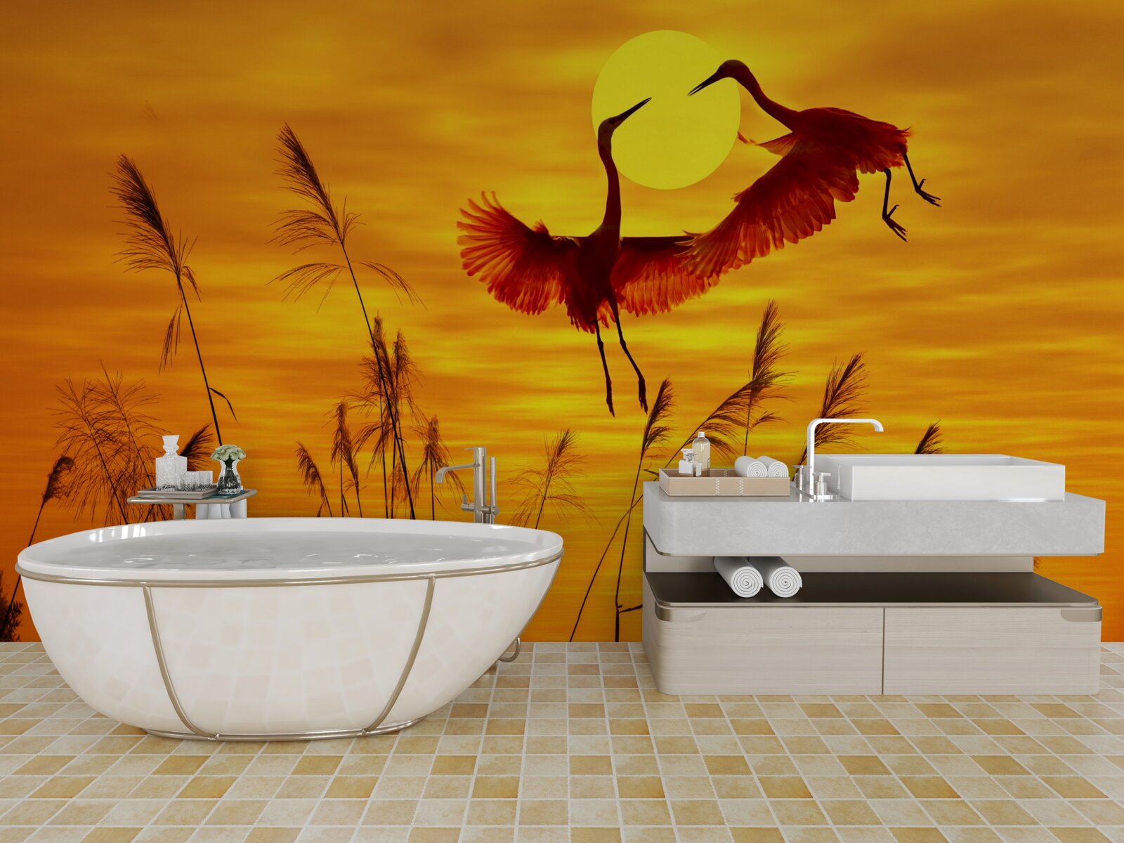 Fotobehang zonsondergang wordt vergezeld door een zwerm kraanvogels