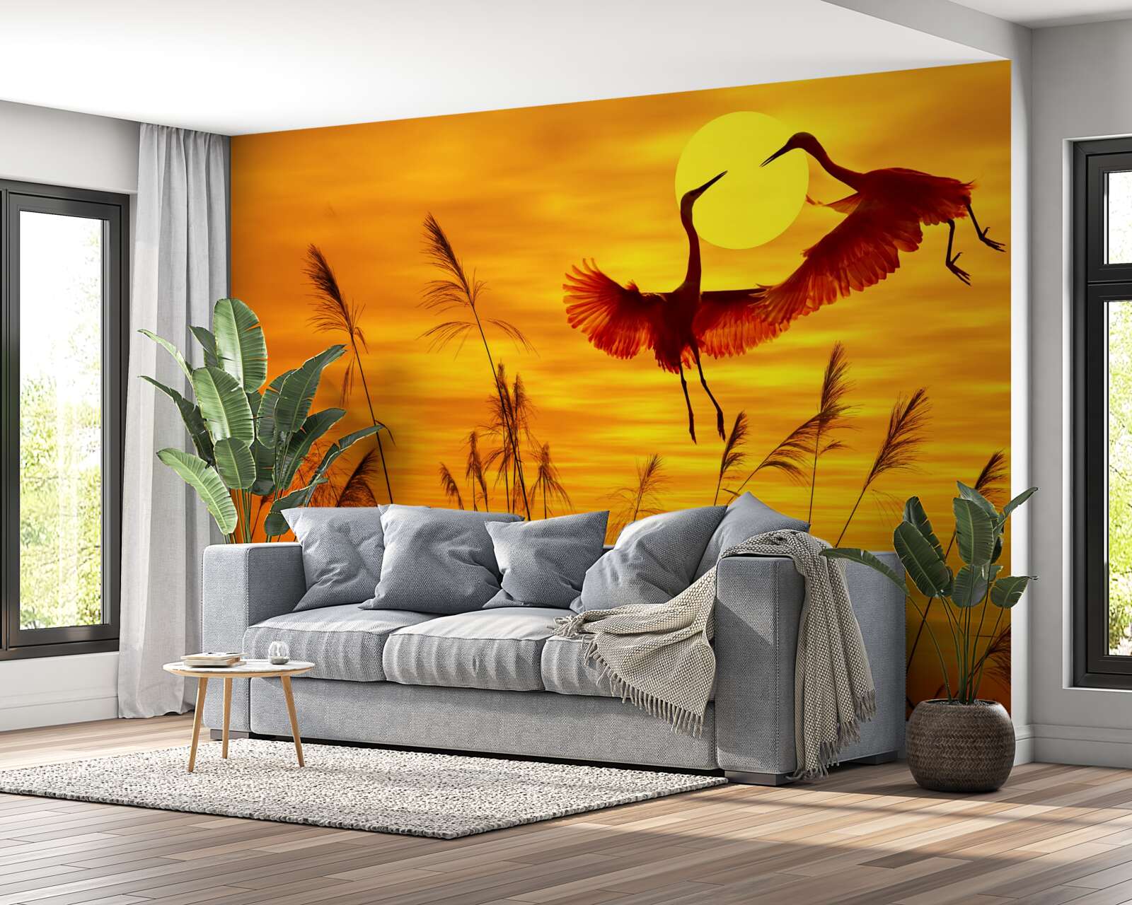 Fotobehang zonsondergang wordt vergezeld door een zwerm kraanvogels