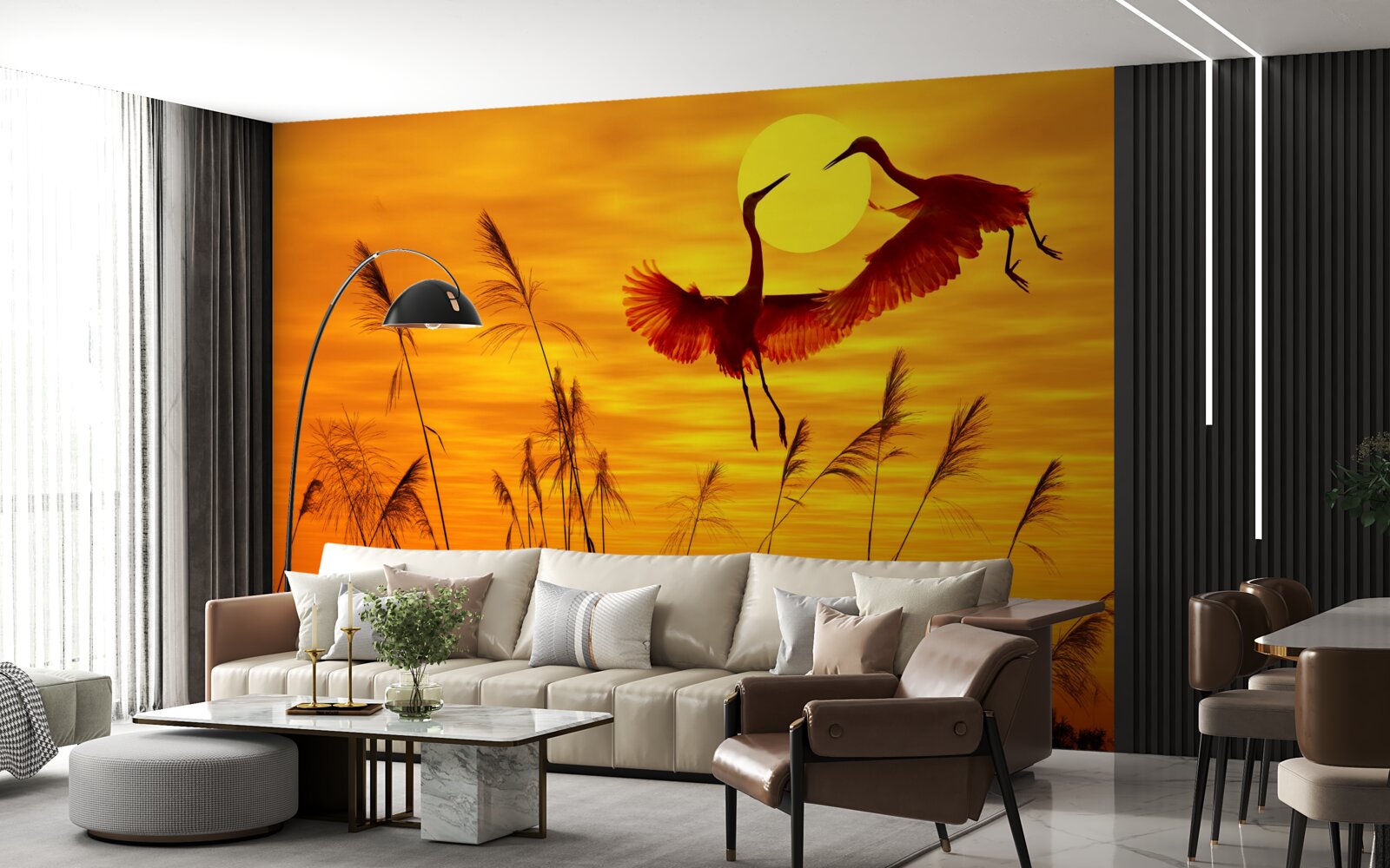 Fotobehang zonsondergang wordt vergezeld door een zwerm kraanvogels