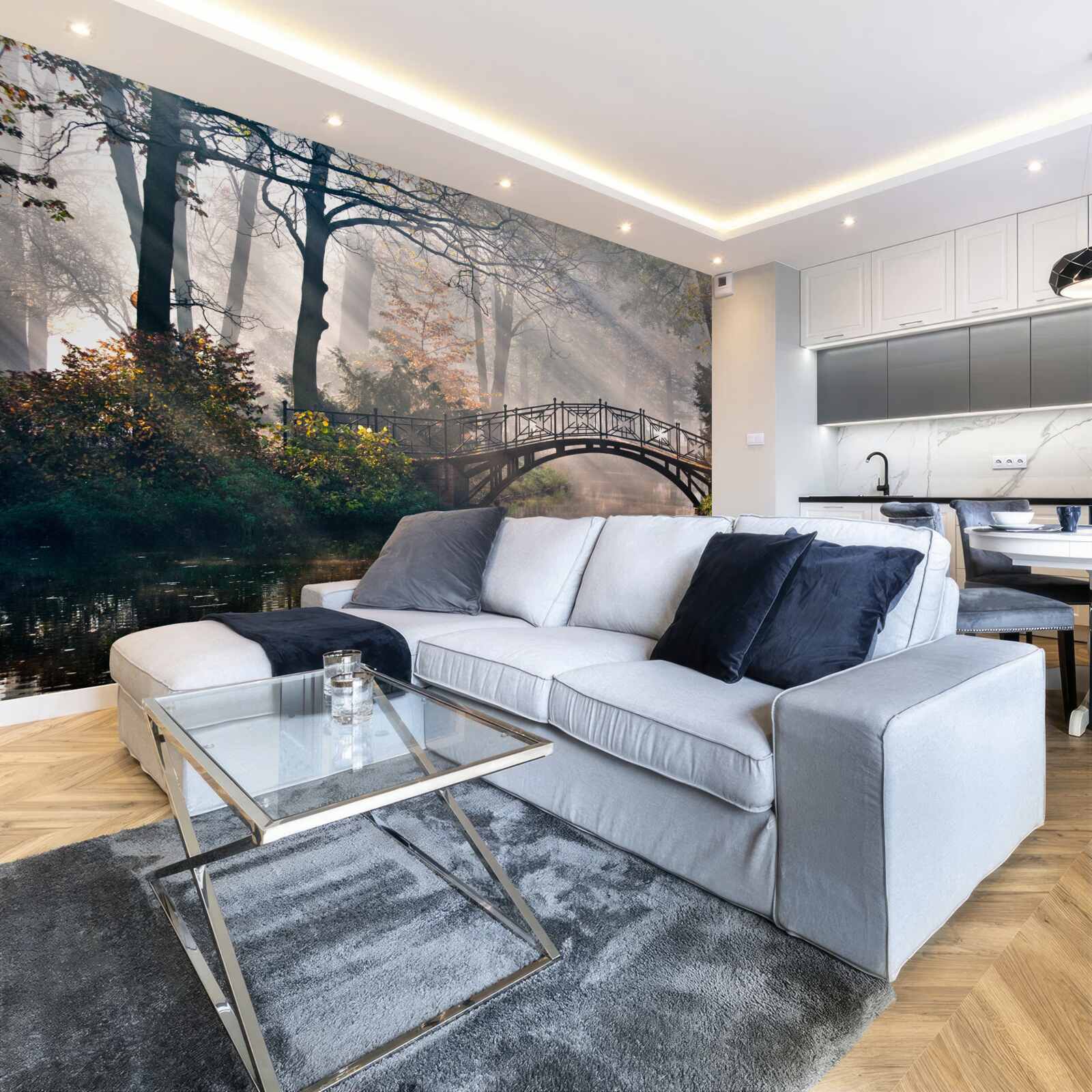 Fotobehang de mistige bosbrug over het meer is gemaakt van hout