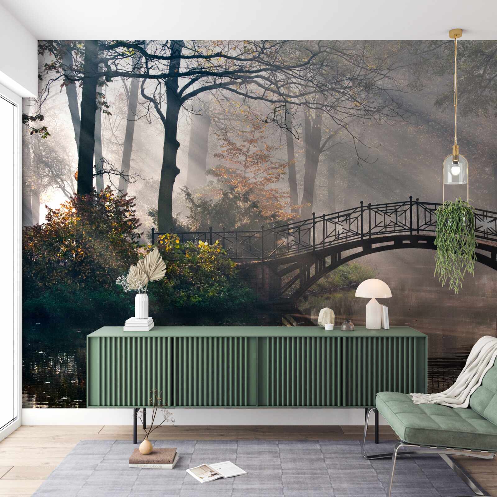 Fotobehang de mistige bosbrug over het meer is gemaakt van hout