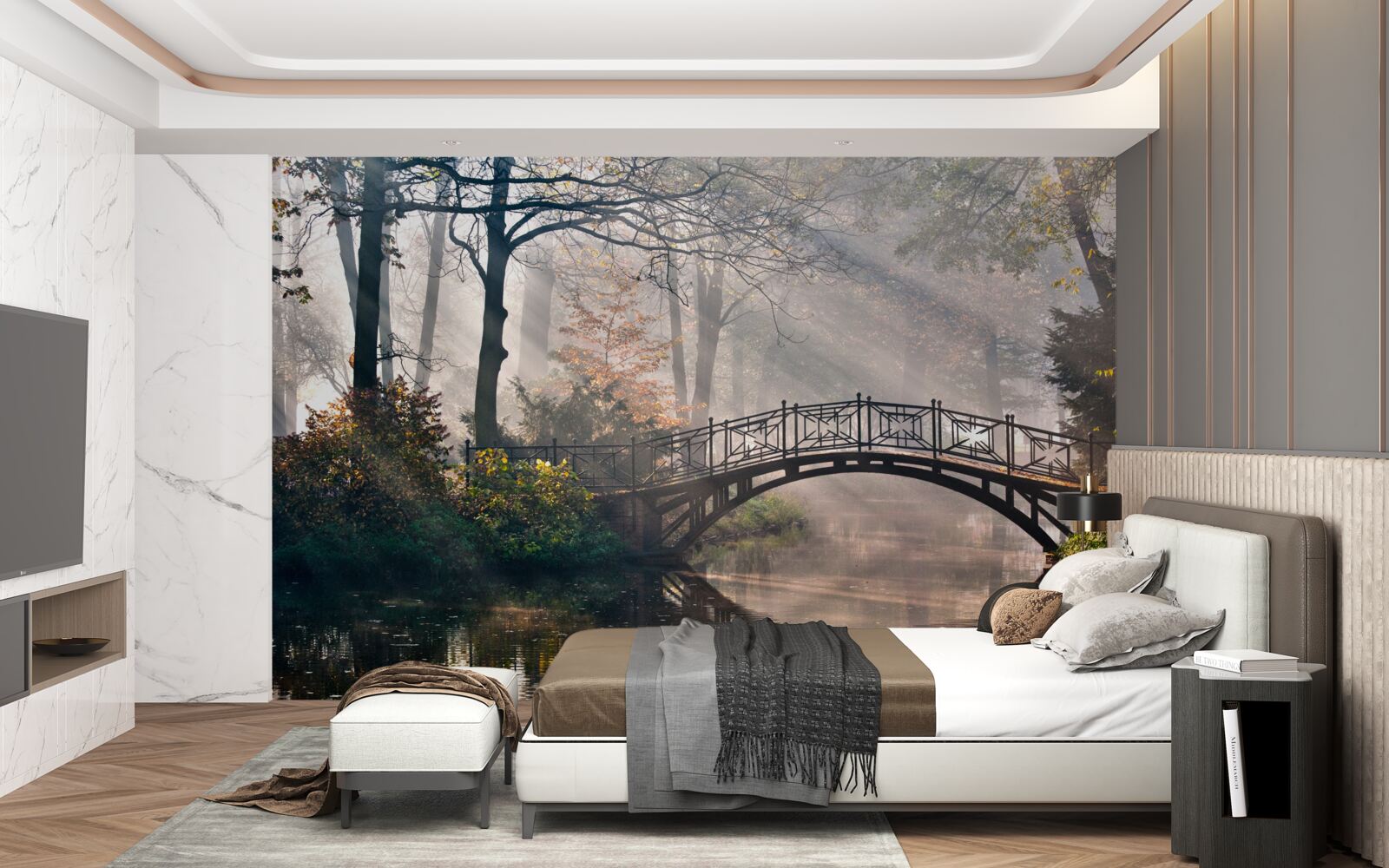 Fotobehang de mistige bosbrug over het meer is gemaakt van hout