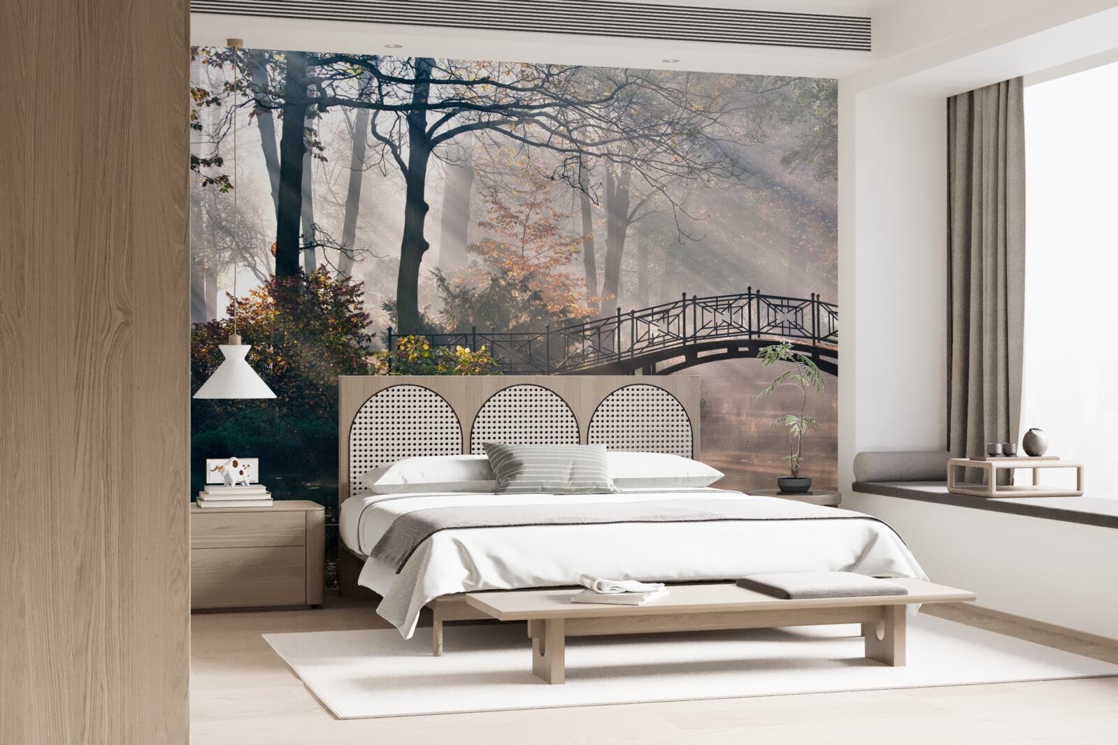 Fotobehang de mistige bosbrug over het meer is gemaakt van hout