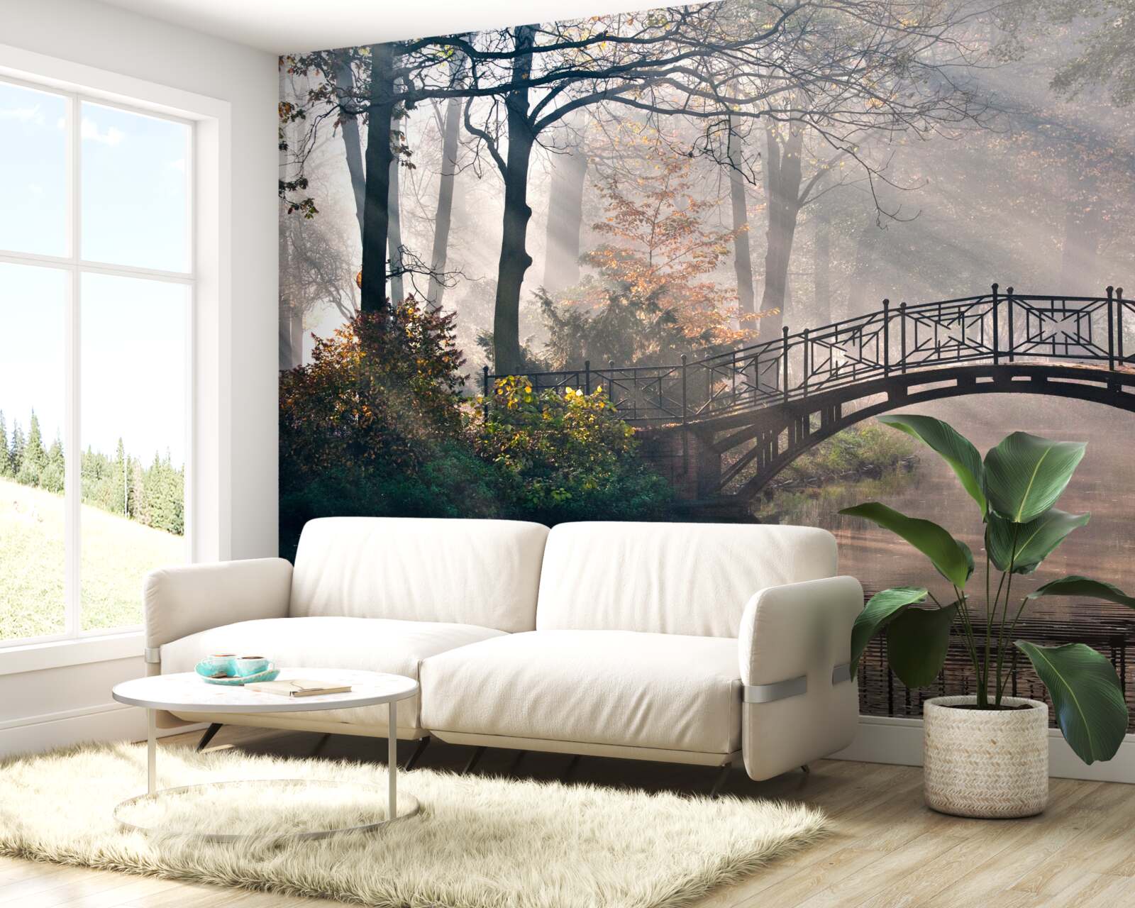 Fotobehang de mistige bosbrug over het meer is gemaakt van hout