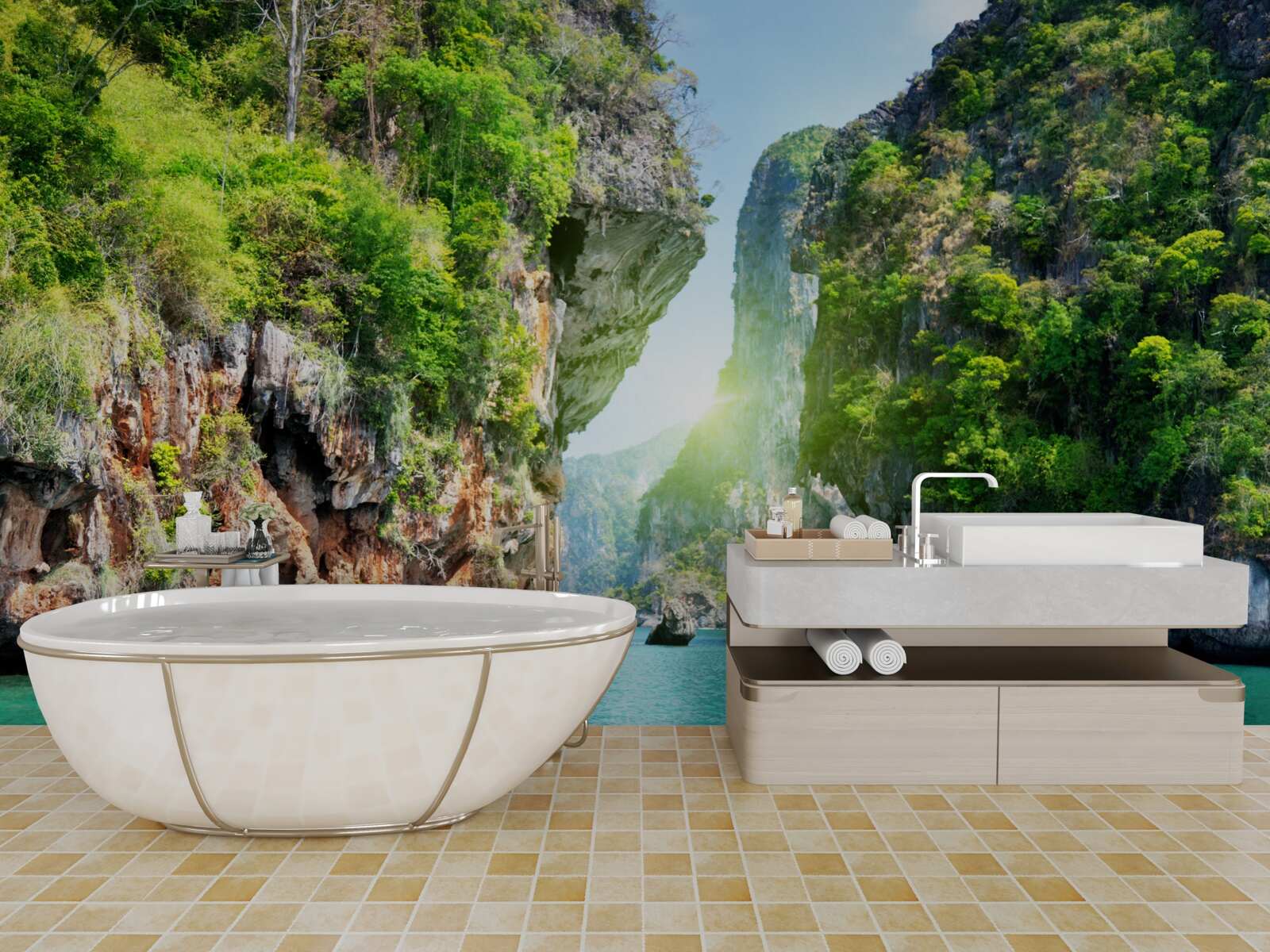 Fotobehang Smaragdgroene rotsen steken boven het water van de zee uit