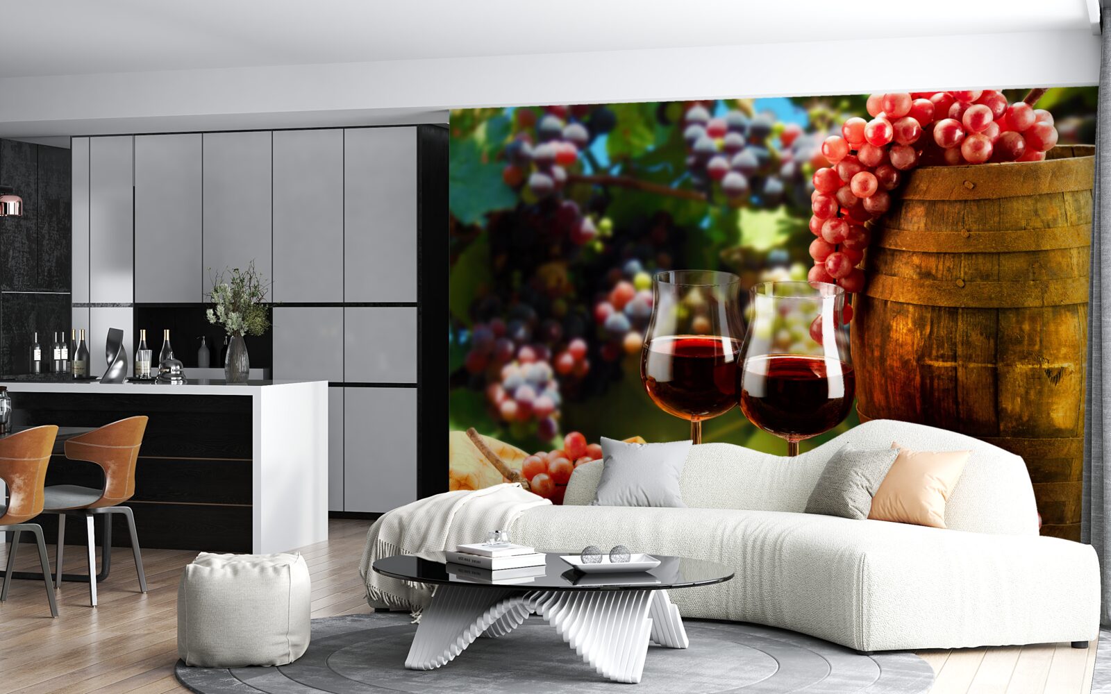 Fotobehang druiventrossen vormen de achtergrond voor wijnglazen gevuld met wijn