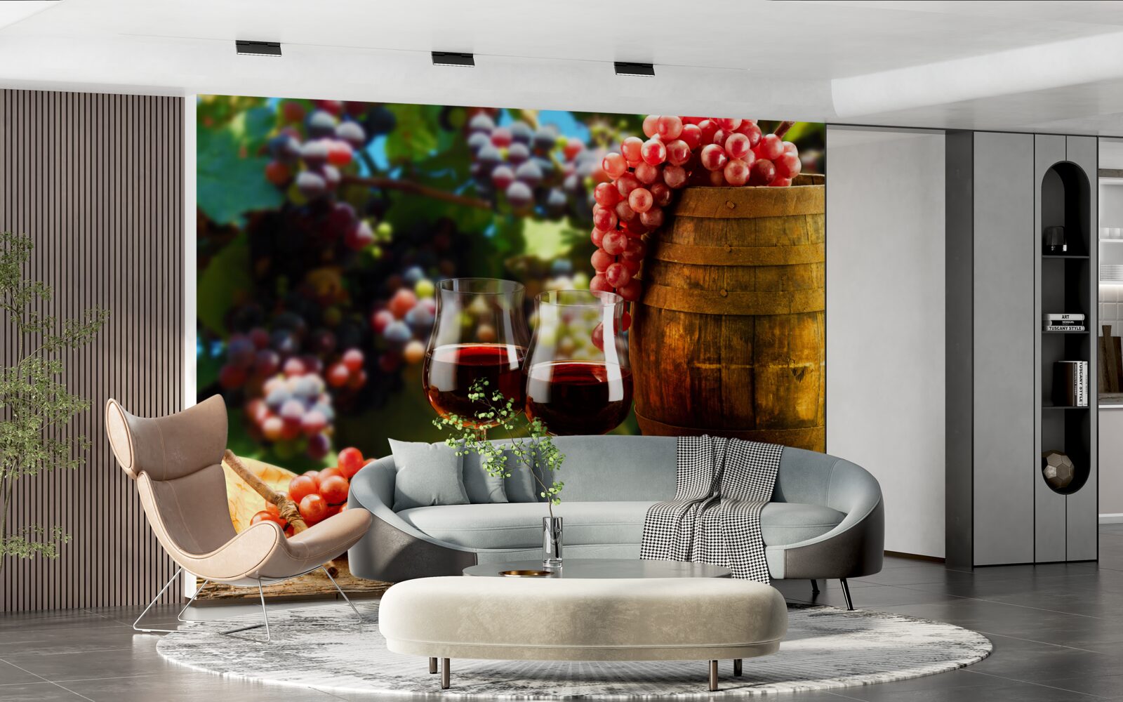 Fotobehang druiventrossen vormen de achtergrond voor wijnglazen gevuld met wijn