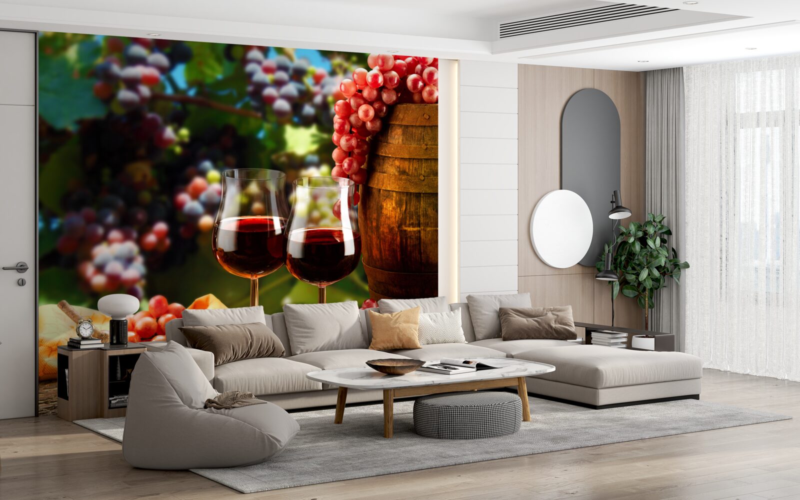 Fotobehang druiventrossen vormen de achtergrond voor wijnglazen gevuld met wijn