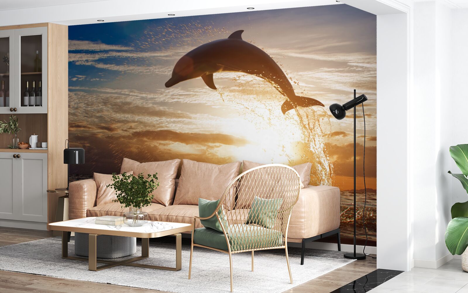 Fotobehang dolfijn springt eruit tegen de achtergrond van de avondzonsondergang