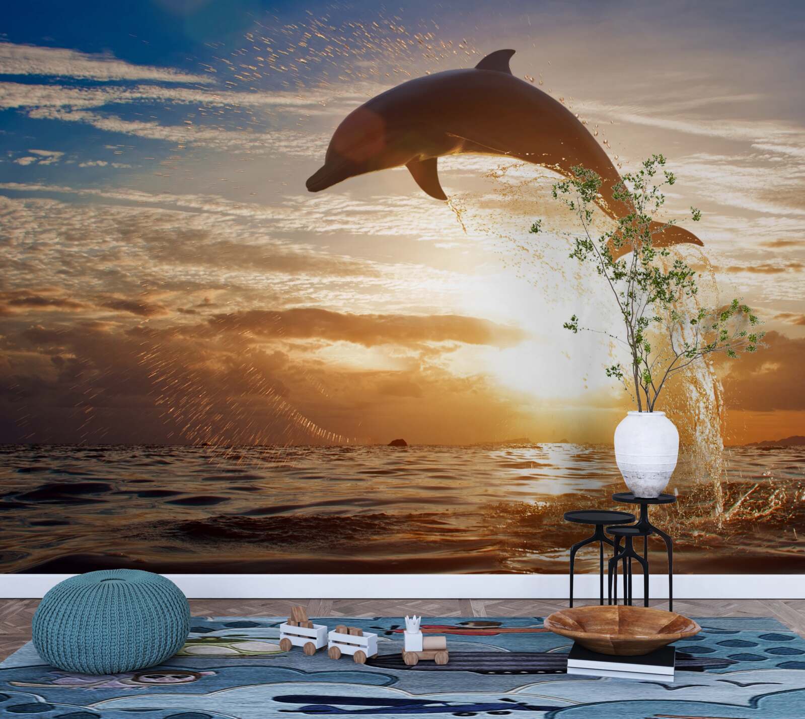 Fotobehang dolfijn springt eruit tegen de achtergrond van de avondzonsondergang