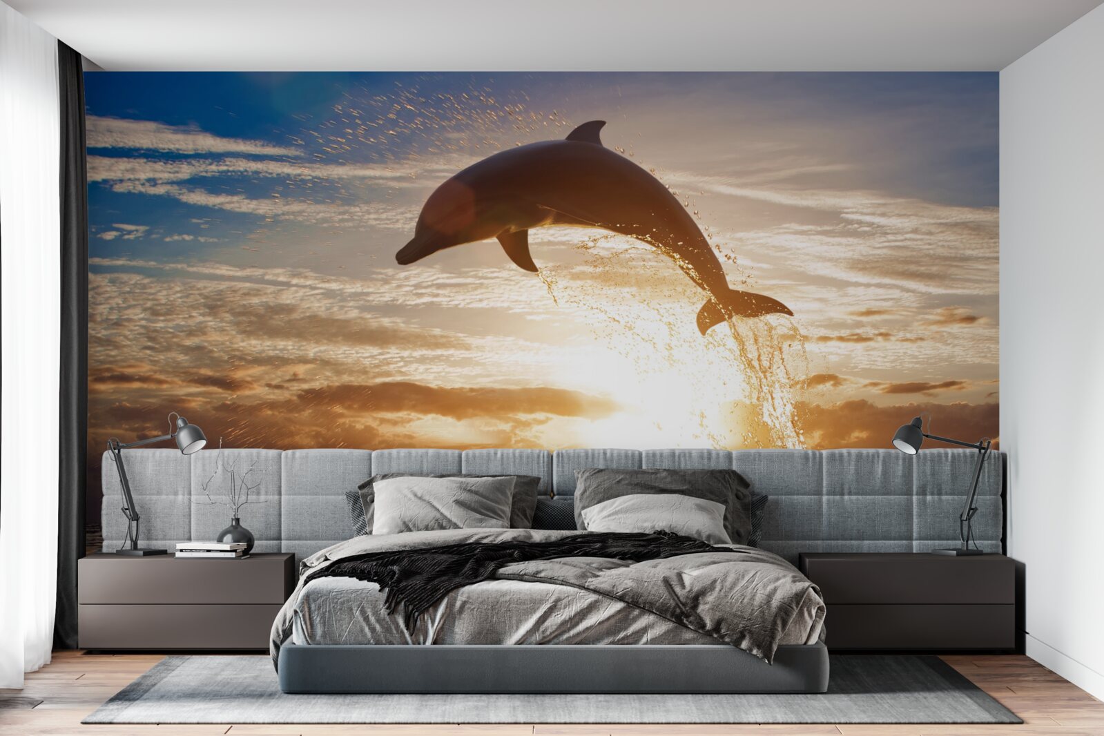 Fotobehang dolfijn springt eruit tegen de achtergrond van de avondzonsondergang