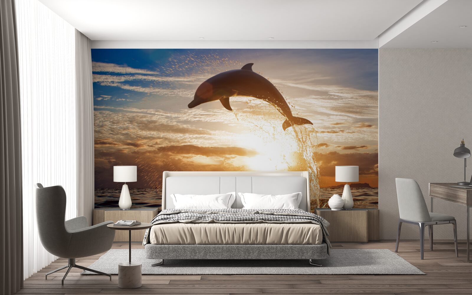 Fotobehang dolfijn springt eruit tegen de achtergrond van de avondzonsondergang