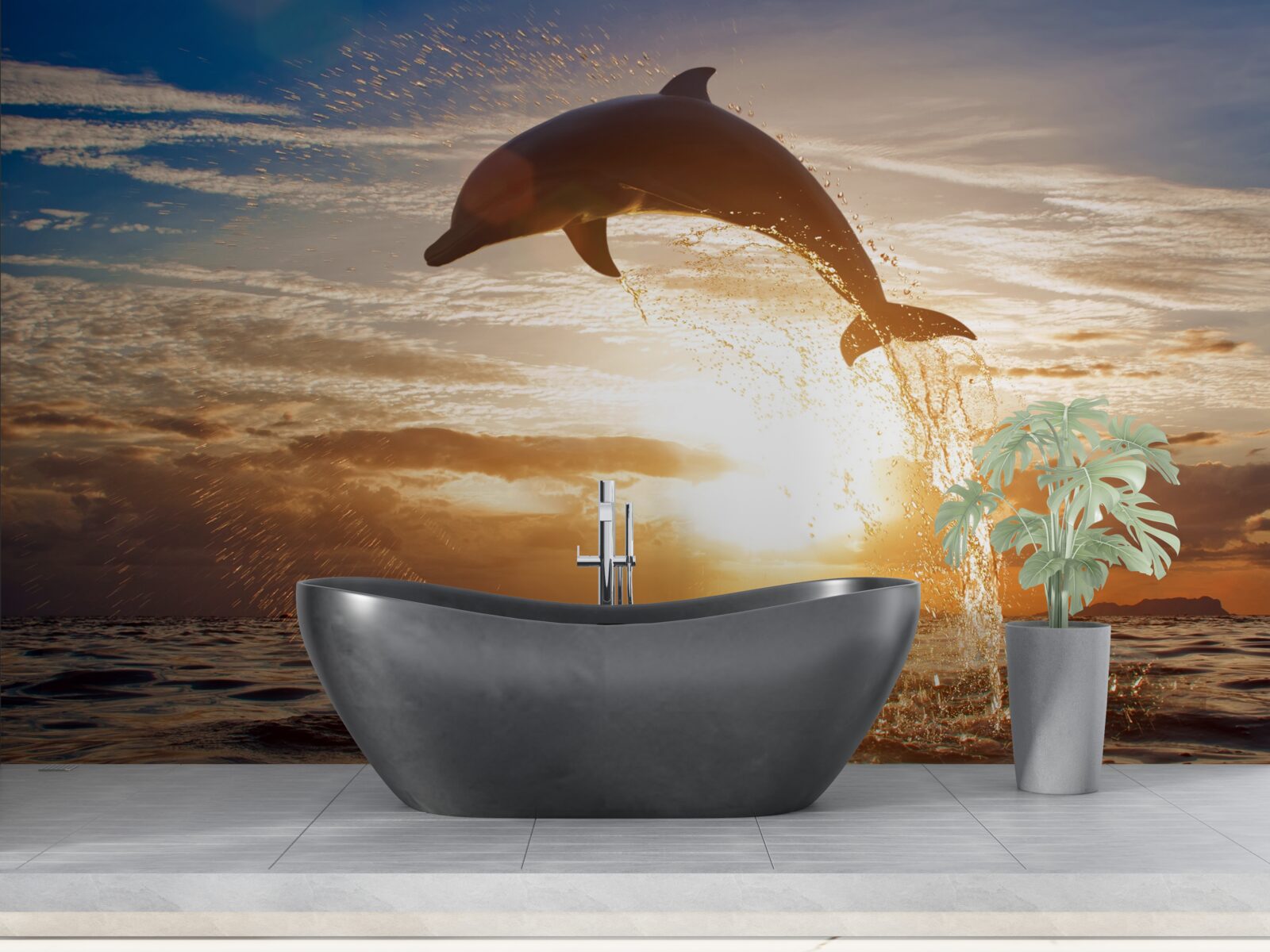 Fotobehang dolfijn springt eruit tegen de achtergrond van de avondzonsondergang