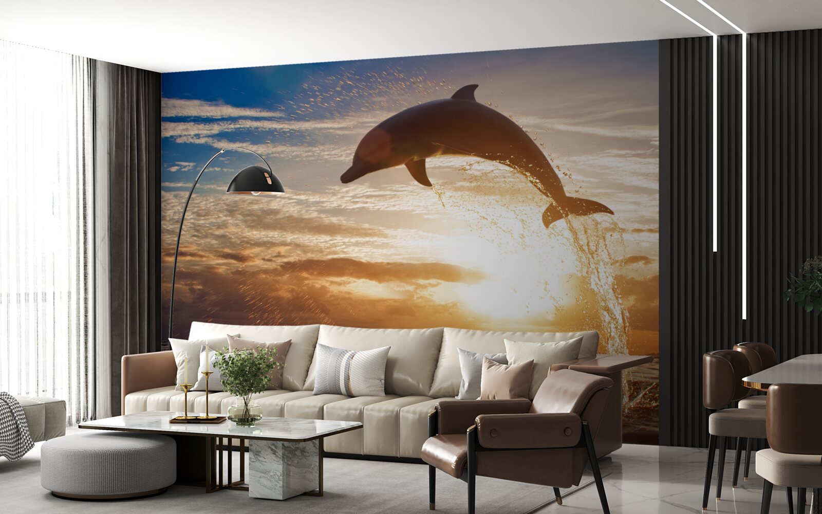 Fotobehang dolfijn springt eruit tegen de achtergrond van de avondzonsondergang