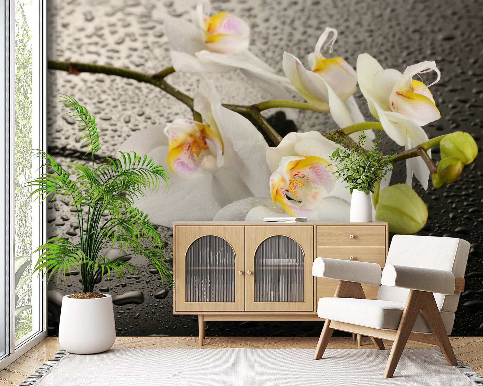 Fotobehang Sneeuwwitte orchidee na hevige regen