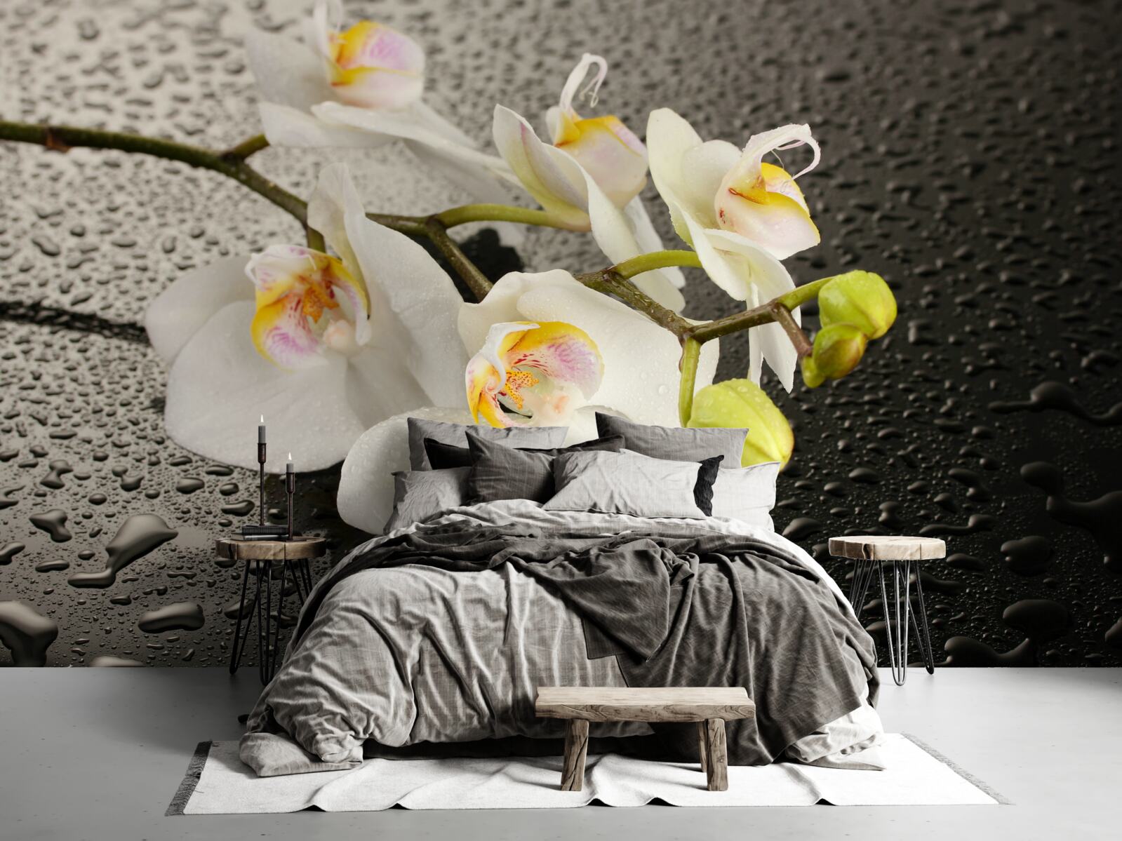 Fotobehang Sneeuwwitte orchidee na hevige regen