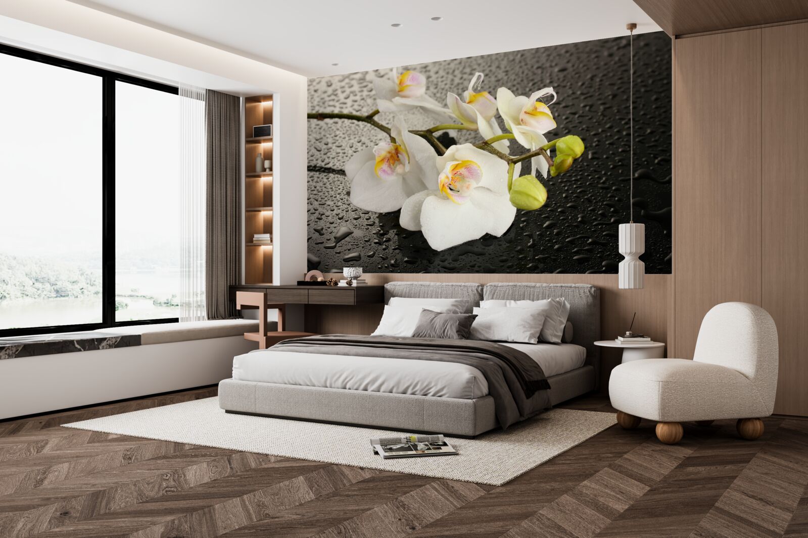 Fotobehang Sneeuwwitte orchidee na hevige regen