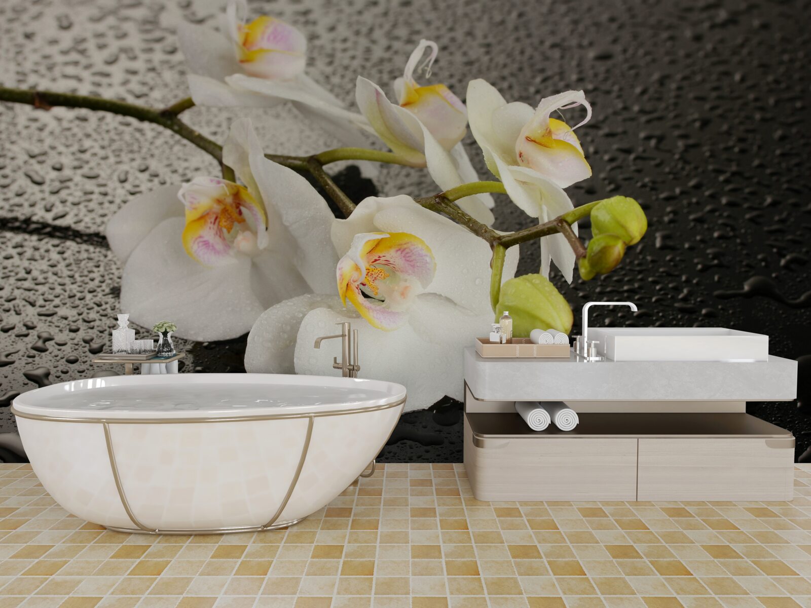 Fotobehang Sneeuwwitte orchidee na hevige regen