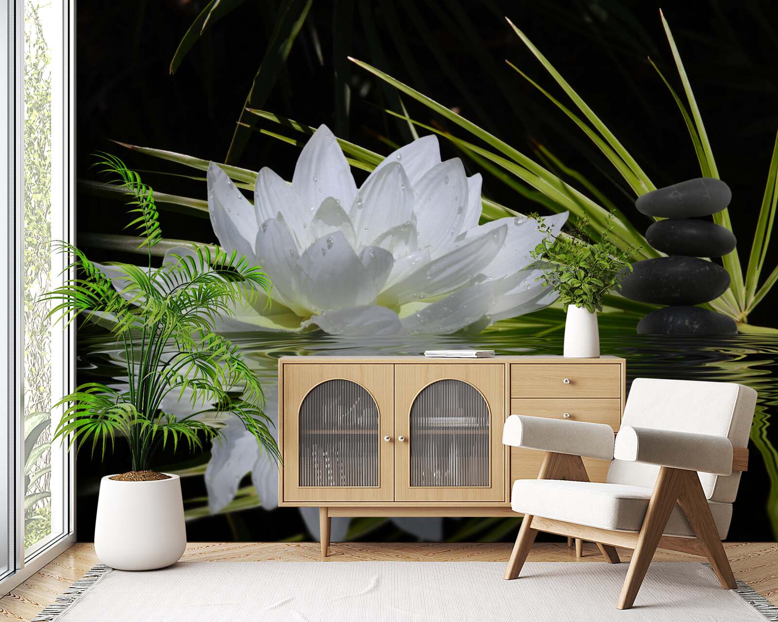 Fotobehang grijze stenen en witte waterlelies drijven op het wateroppervlak