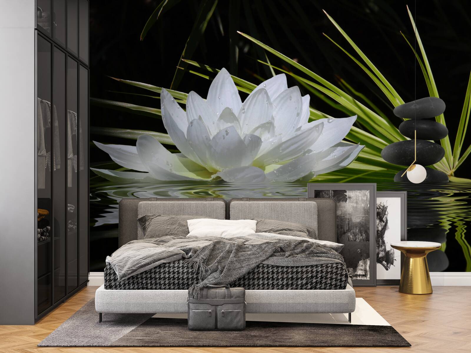 Fotobehang grijze stenen en witte waterlelies drijven op het wateroppervlak