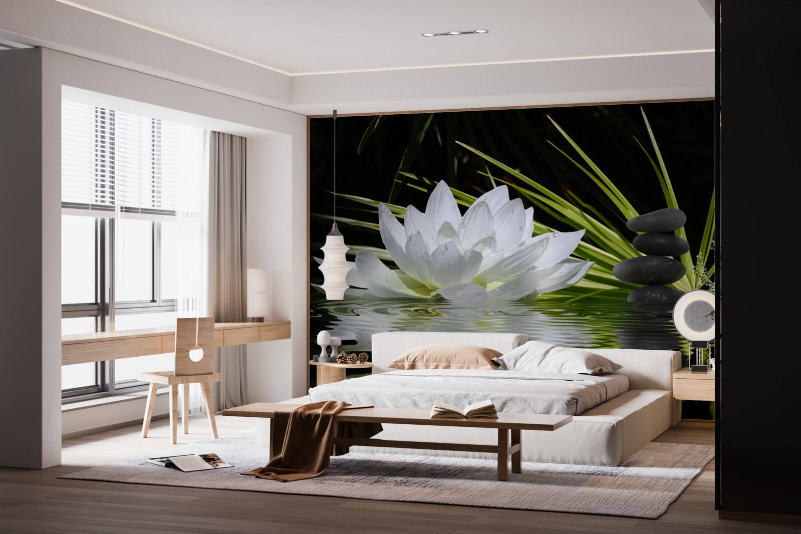 Fotobehang grijze stenen en witte waterlelies drijven op het wateroppervlak