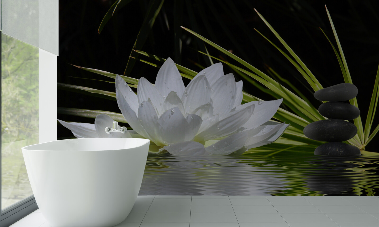 Fotobehang grijze stenen en witte waterlelies drijven op het wateroppervlak