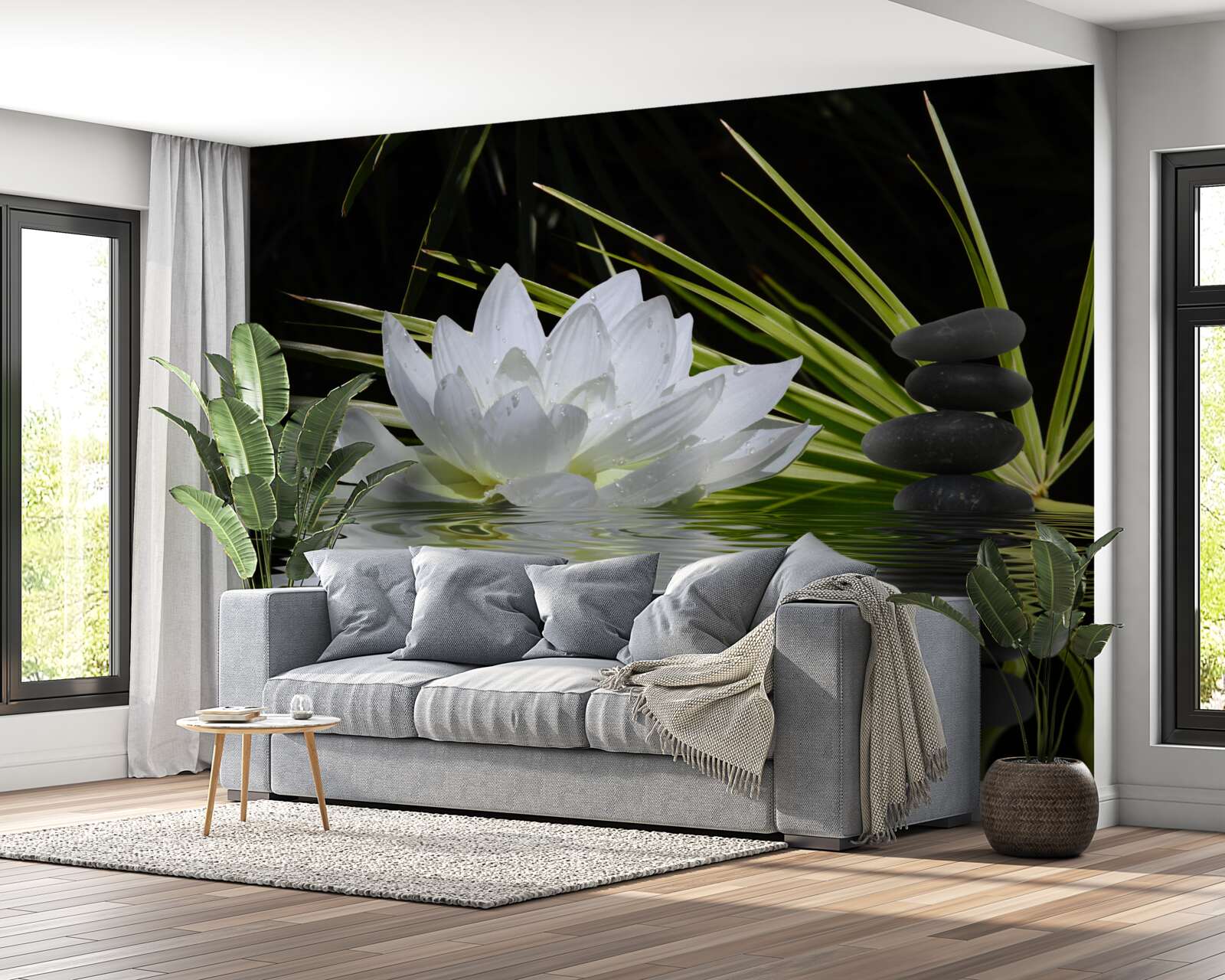Fotobehang grijze stenen en witte waterlelies drijven op het wateroppervlak