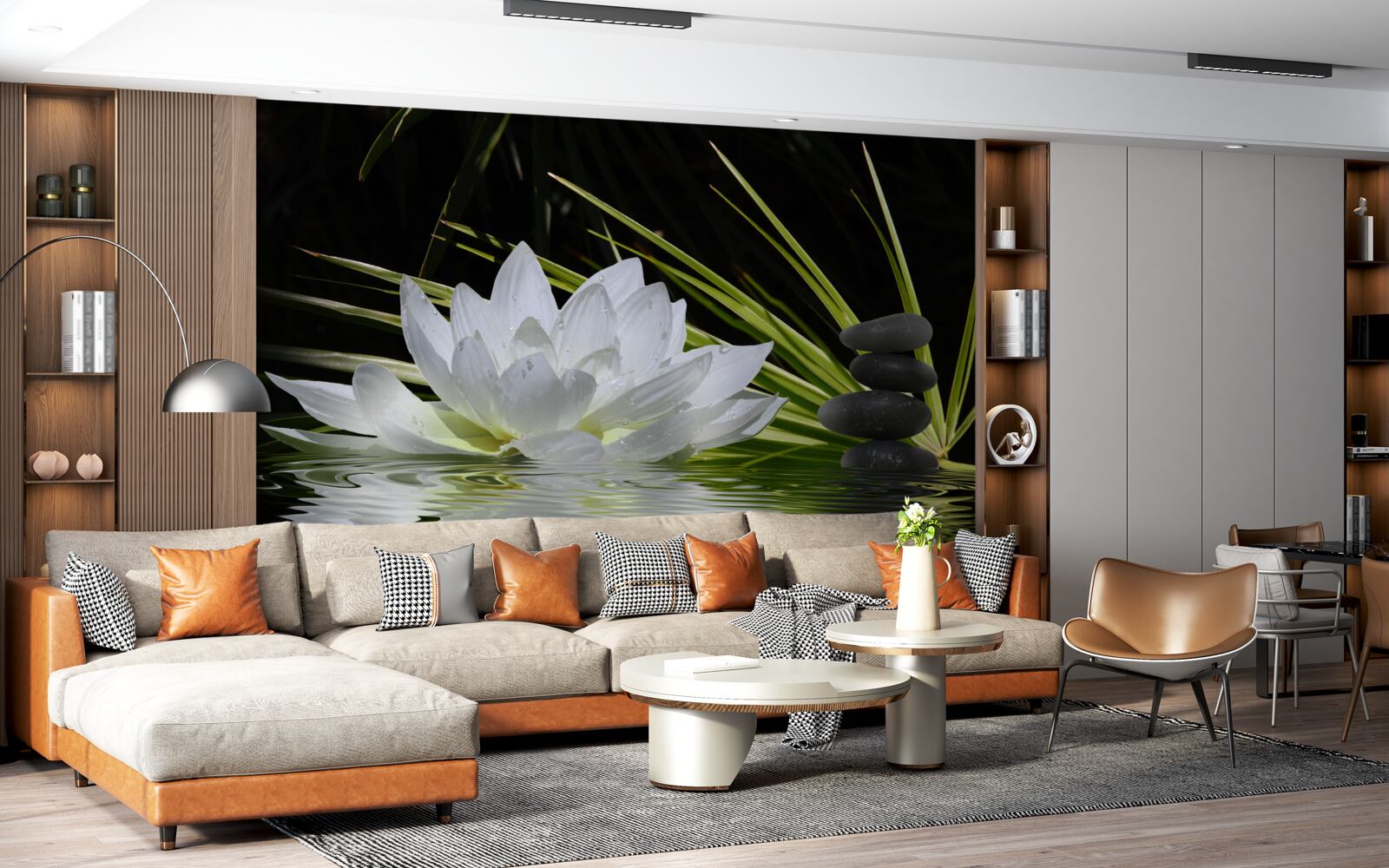 Fotobehang grijze stenen en witte waterlelies drijven op het wateroppervlak