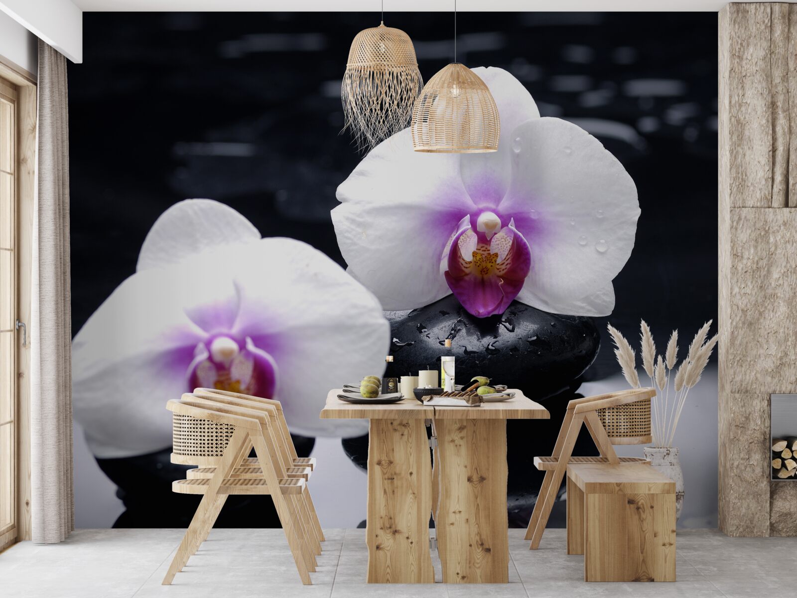 Fotobehang Sneeuwwitte orchidee op zwarte blokken