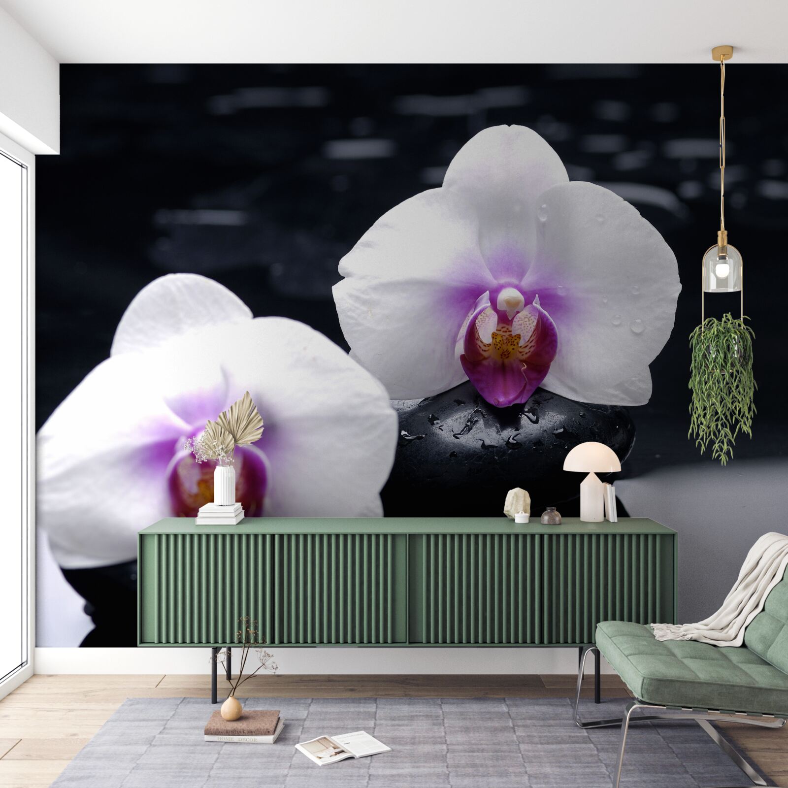 Fotobehang Sneeuwwitte orchidee op zwarte blokken