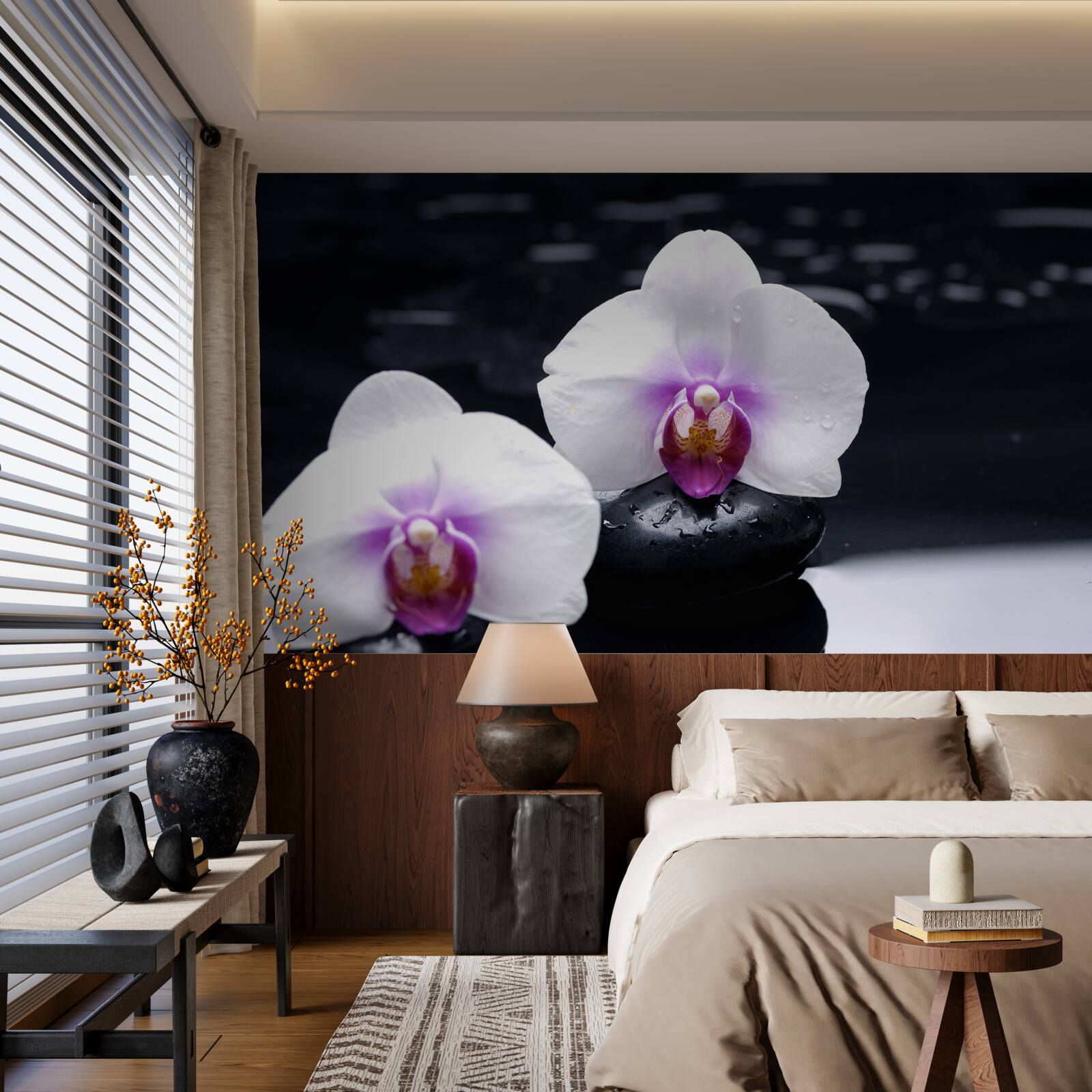 Fotobehang Sneeuwwitte orchidee op zwarte blokken